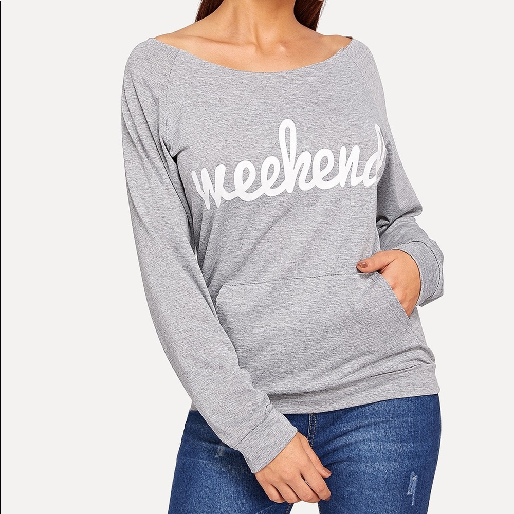WEEKEND💕 gray off the shoulder sweater top pocket - Picture 3 of 5